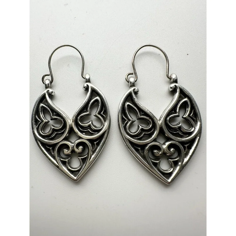Floral V Shape Hoop Earrings Silver Tone